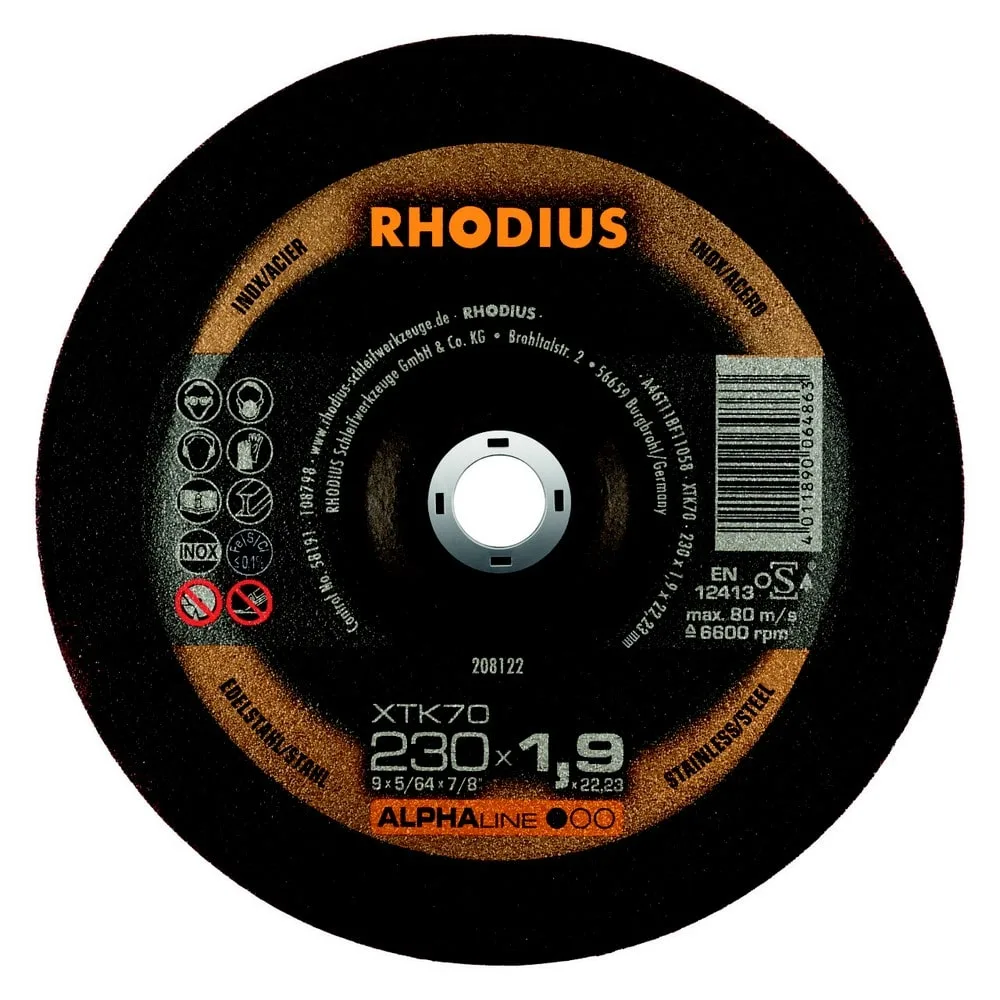 208122 - Disque à tronçonner 230x1.9mm inox extra-fin Alphaline XTK70 RHODIUS