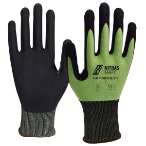 Paire de gants NITRAS SKIN FLEX CUT C montrant la paume noire et le dos jaune